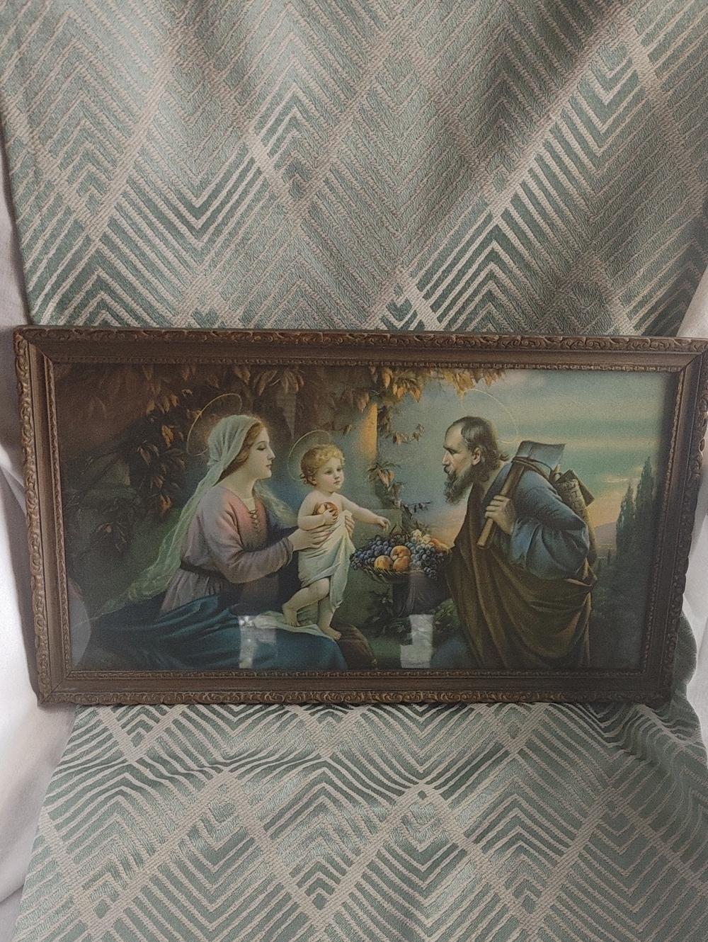 Vintage Religious Framed Print in Teal and Brown
